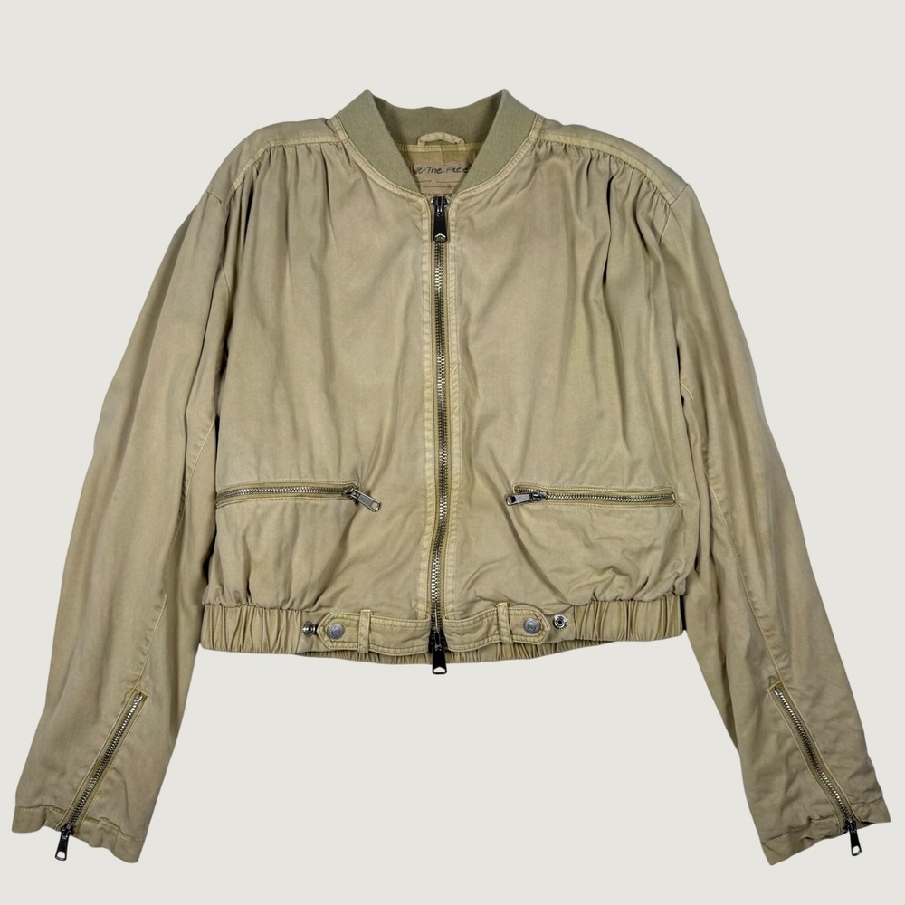 We The Free Tan Khaki Cropped Bomber Jacket Women Small Zip Up Free People